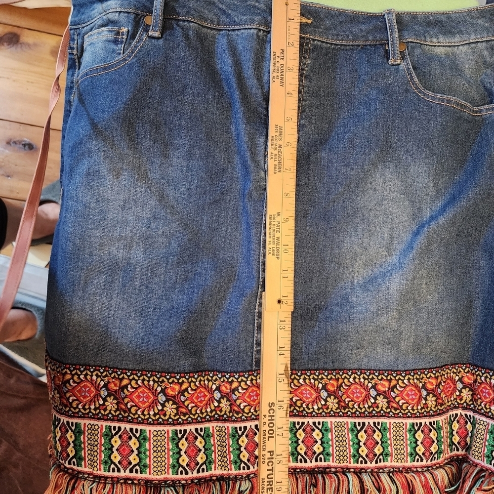 Western Navajo Jean Denim Skirt Embroidered Fringe - Picture 5 of 9